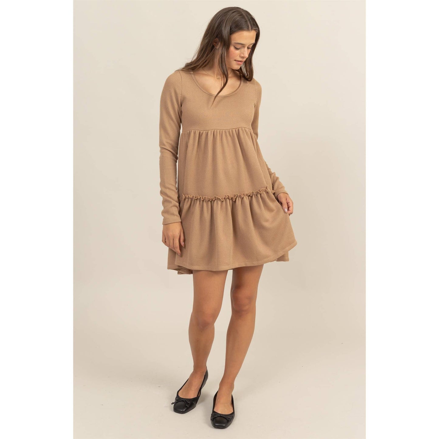 RIB BABYDOLL TIERED MINI DRESS