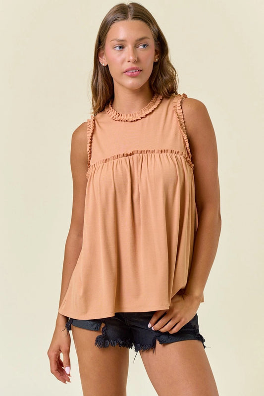 Soft Rib Ruffled Round Neck Sleeveless Flowy Top