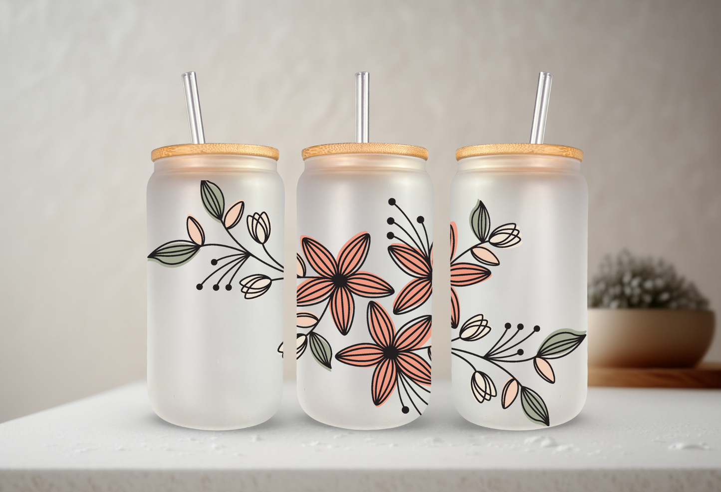 Spring Floral | 20 oz Glass Libbey with Bamboo Lid & Straw