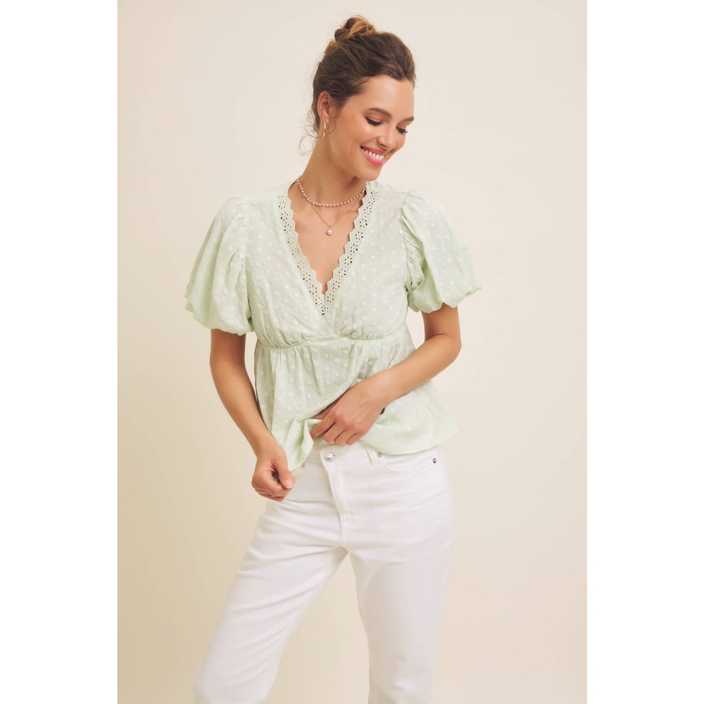 SCALLOP TRIM V-NECK EYELET BLOUSE WITH BUBBLE SLEEVES