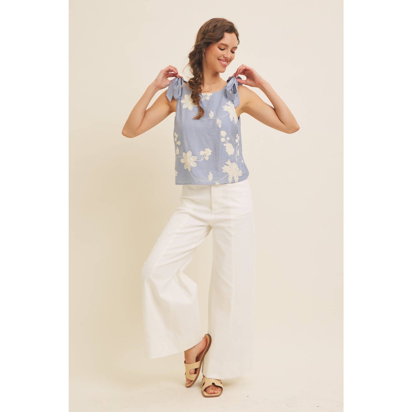 ROMANTIC EMBROIDERY BLOUSE TOP WITH BOW STRAPS