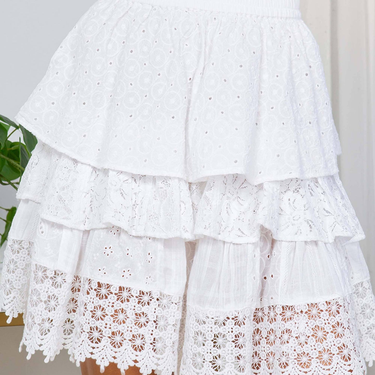 Women Mini Skirt Ruffle & Patch - Schiffli Embroidery