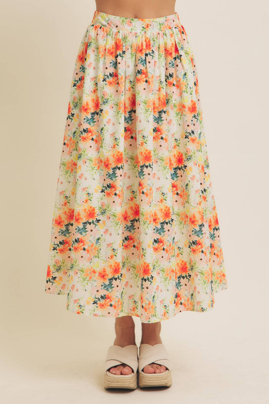 FLORAL MAXI SKIRT WITH POCKETS AND ELASTIC BAND