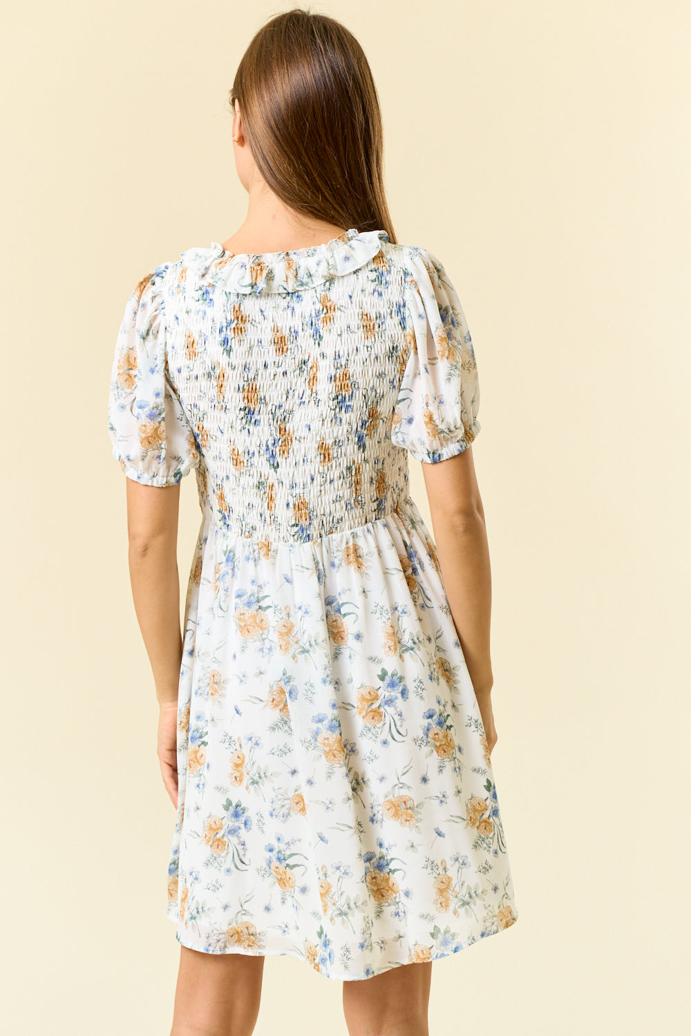 Floral Smocked Bodice Ruffle V-Neck Dress