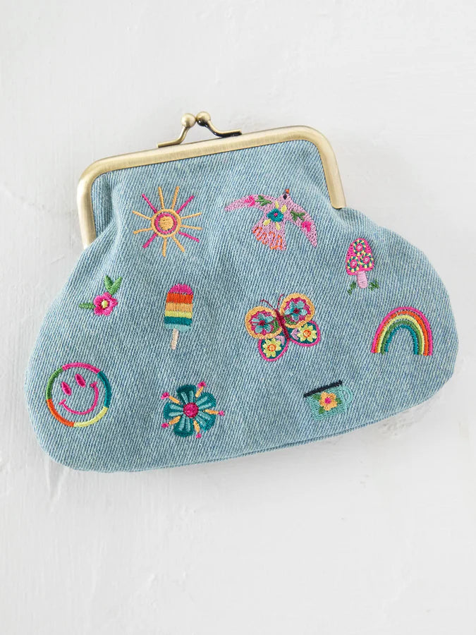 Natural Life Embroidered Kisslock Coin Purse-Denim