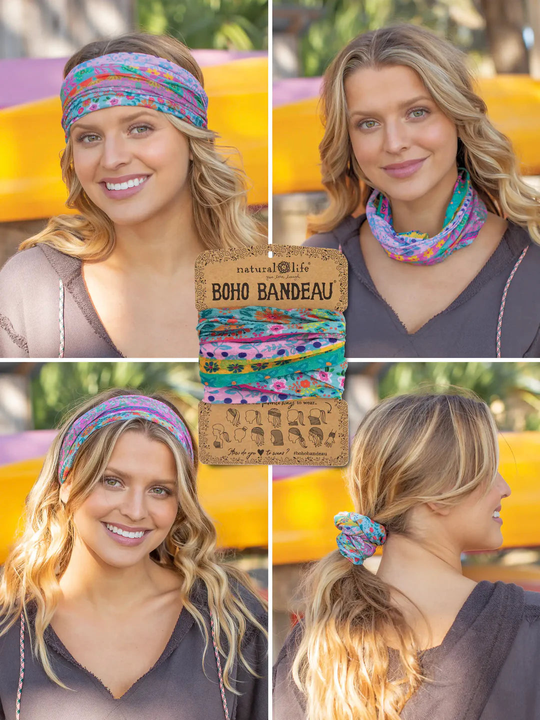 Natural Life Full Boho Bandeau® Headband-Blue Pink Borders