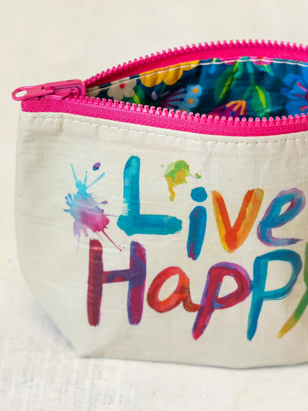 Natural Life Small Recycled Reversible Zipper Pouch- Live Happy