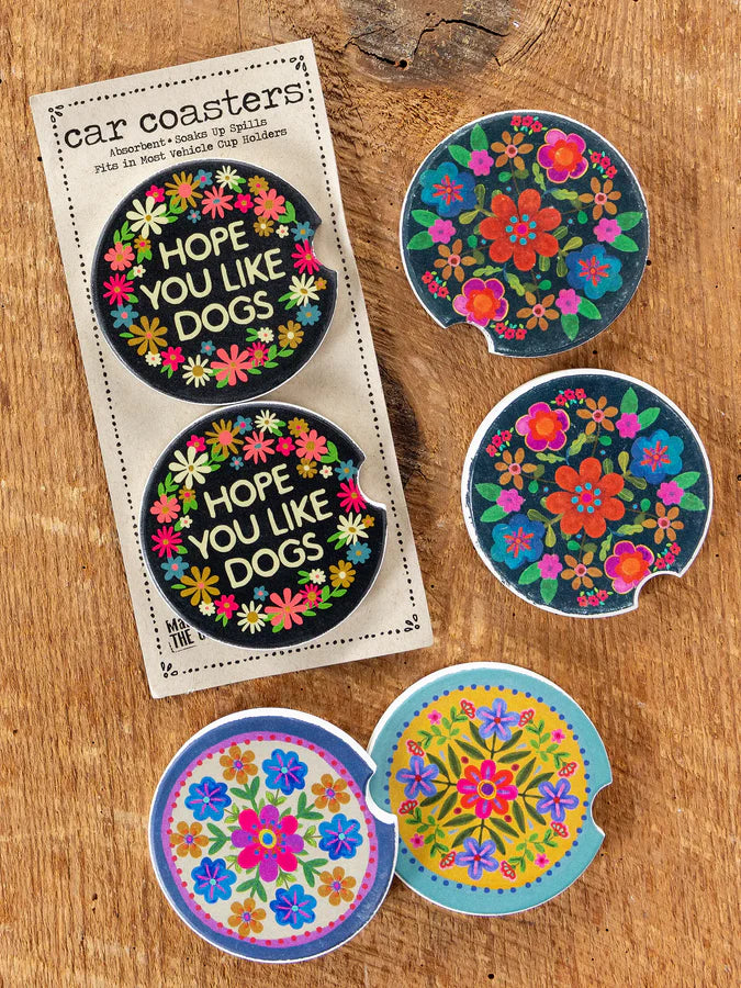 Natural Life Car Coasters, Set of 2- Folk Flower