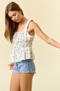 Floral Printed Square Neck Scrunchie Strap Tie Detailed Top