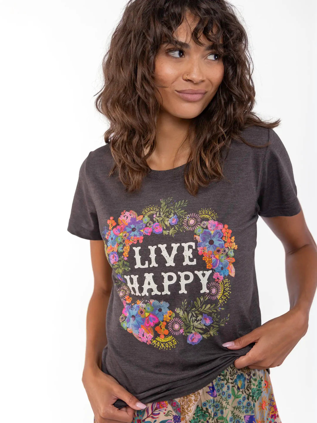 Natural Life Perfect Fit Tee Shirt- Live Happy Charcoal