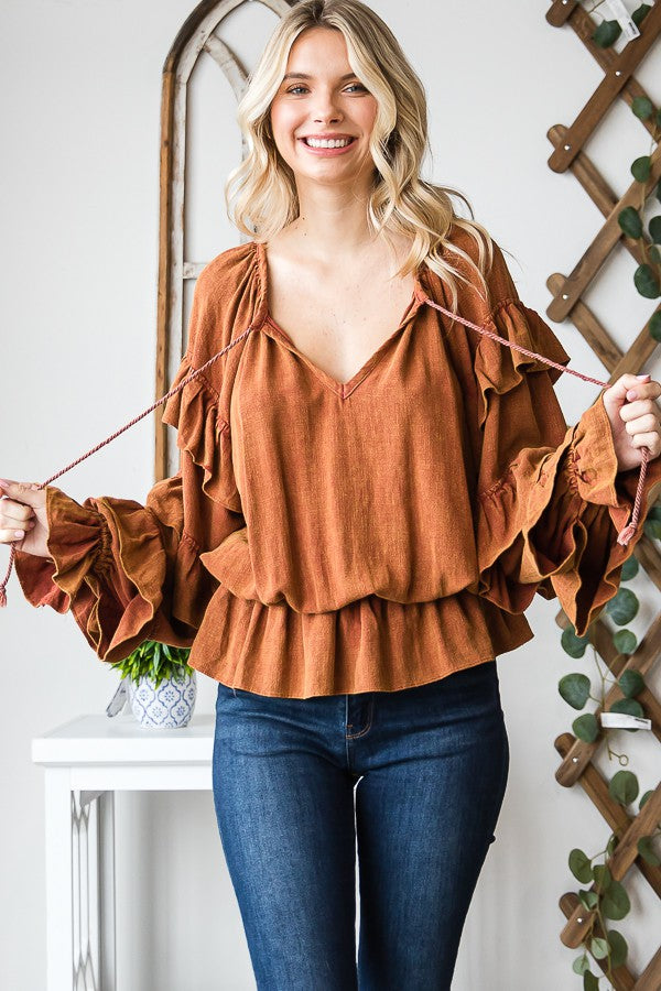 OLI & HALI WASHED TIERED RUFFLE SLEEVE PEPLUM BLOUSE