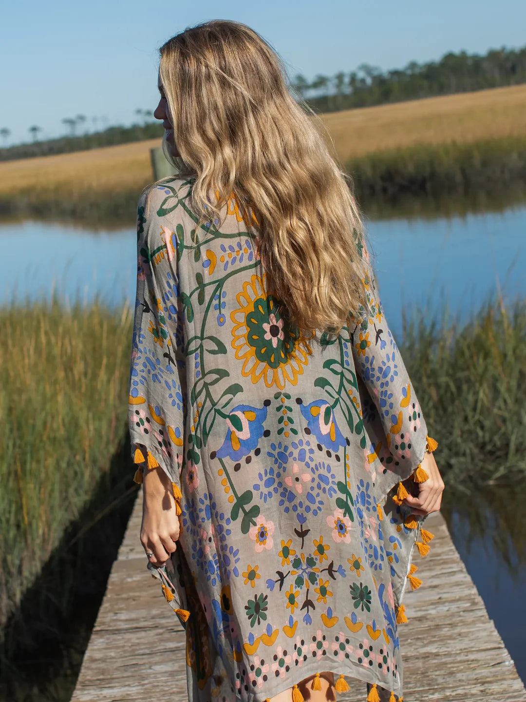 Natural Life Soleil Tassel Kimono-Light Grey Mandala