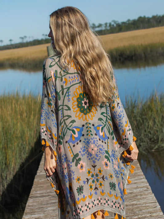 Natural Life Soleil Tassel Kimono-Light Grey Mandala