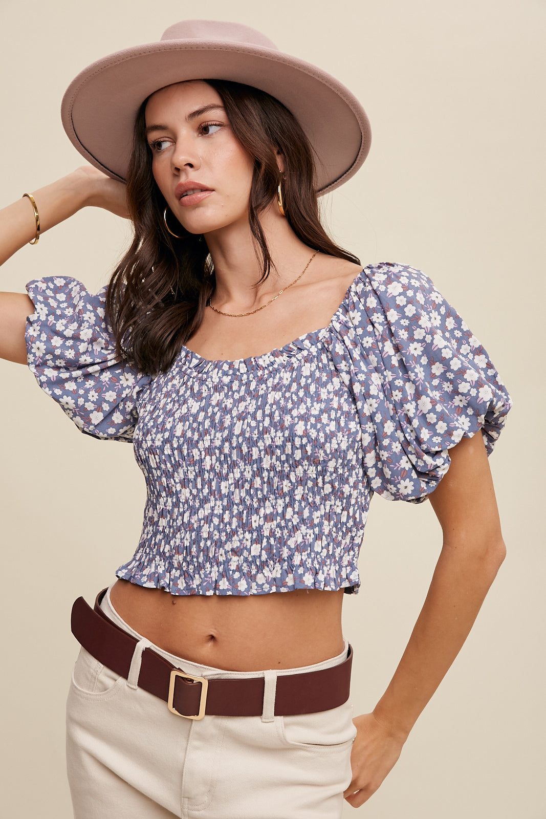 Floral Print Puff Sleeve Smocked Crop Top
