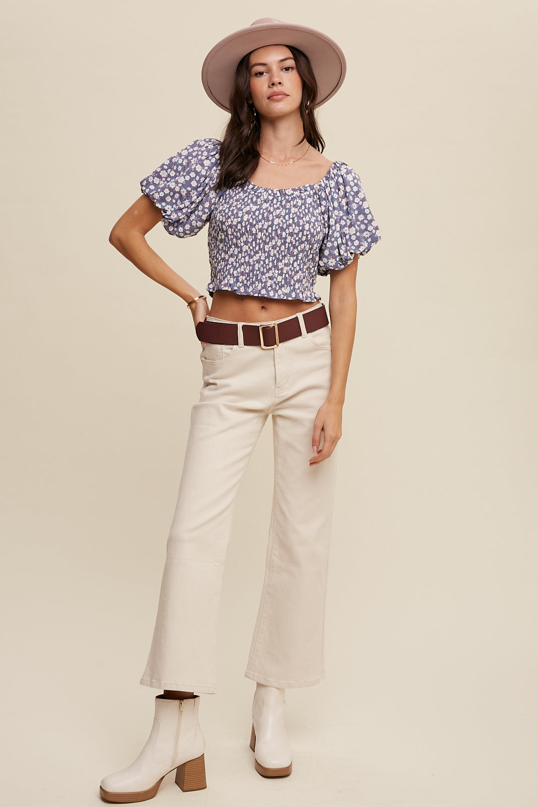 Floral Print Puff Sleeve Smocked Crop Top