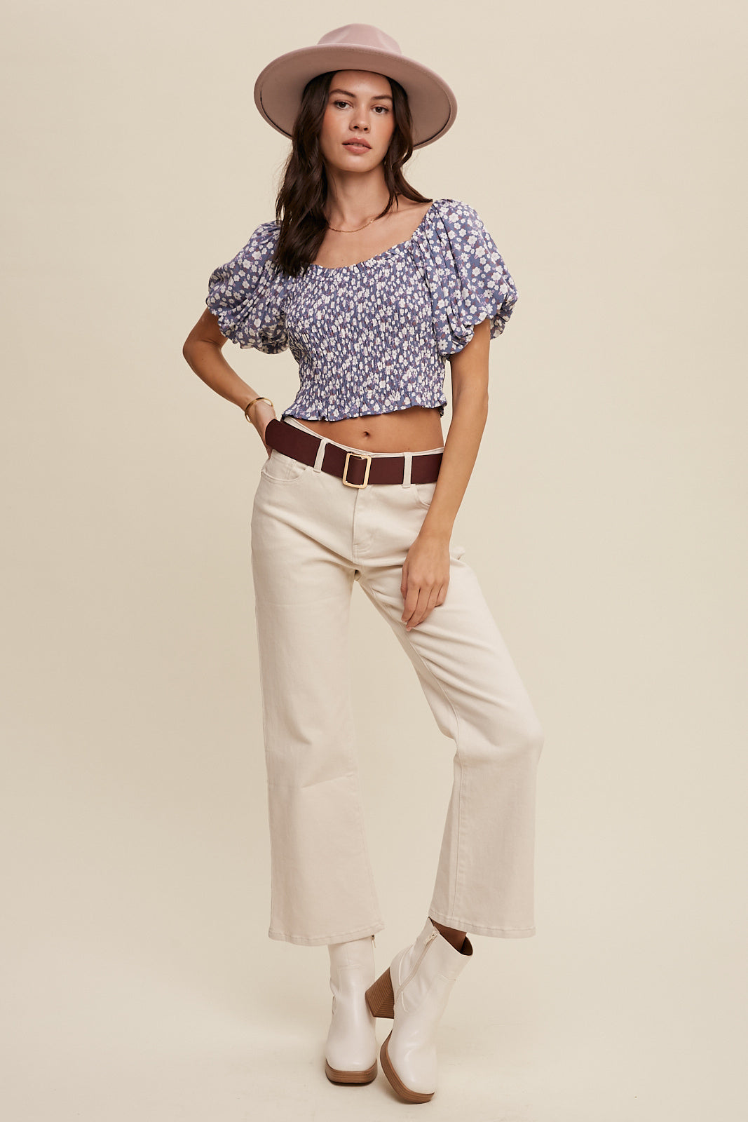 Floral Print Puff Sleeve Smocked Crop Top