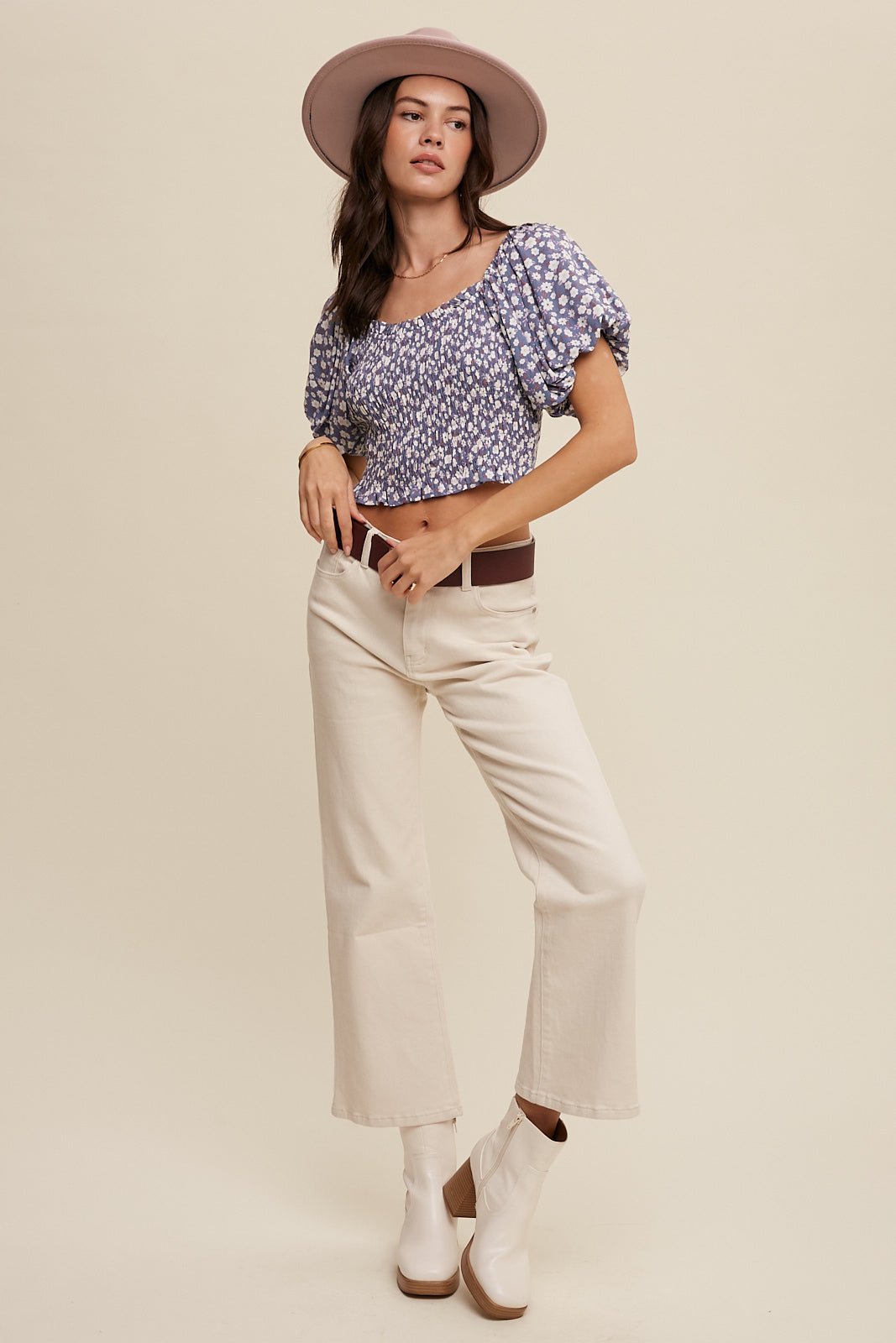 Floral Print Puff Sleeve Smocked Crop Top