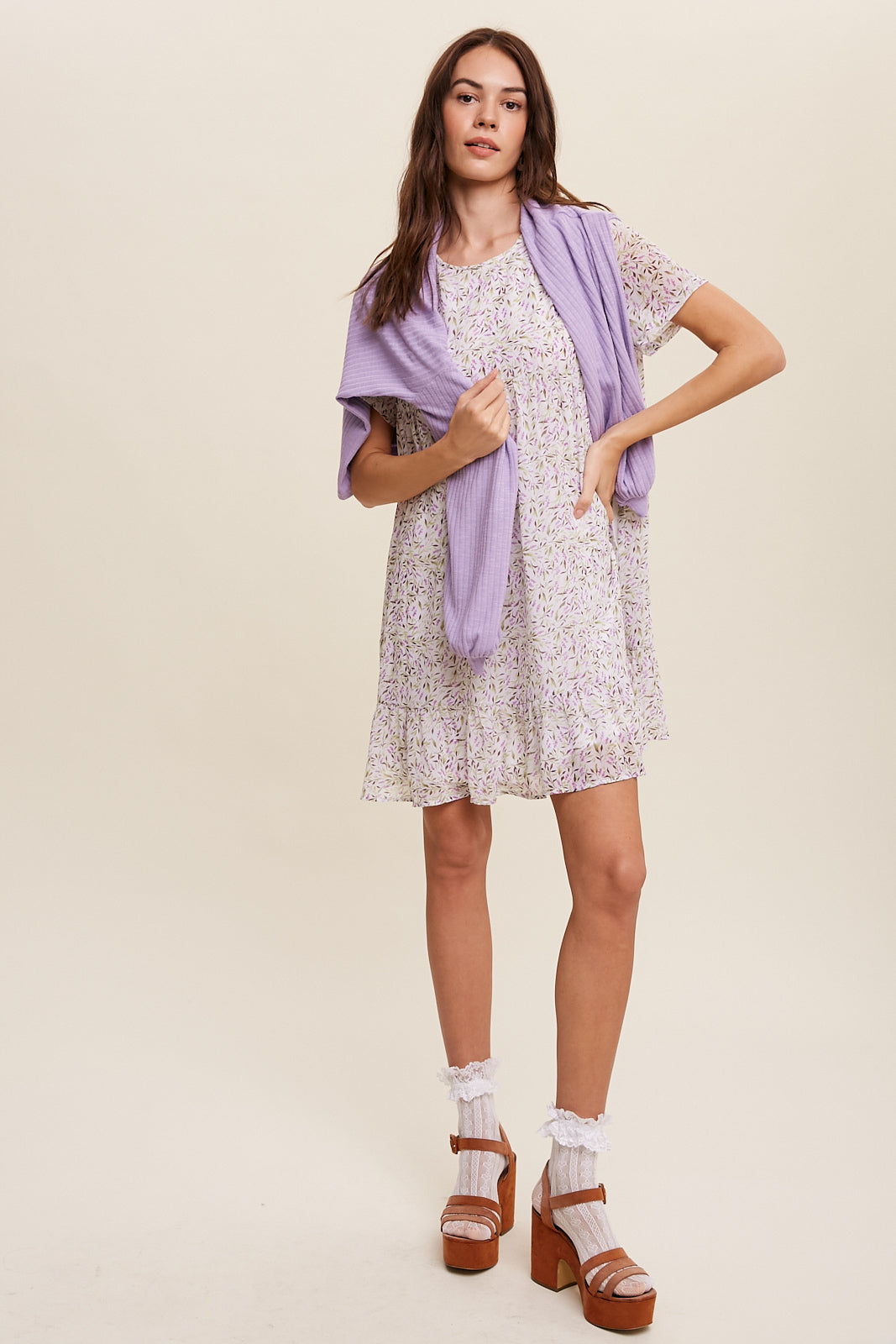 Flower Printed Chiffon Babydoll Mini Dress