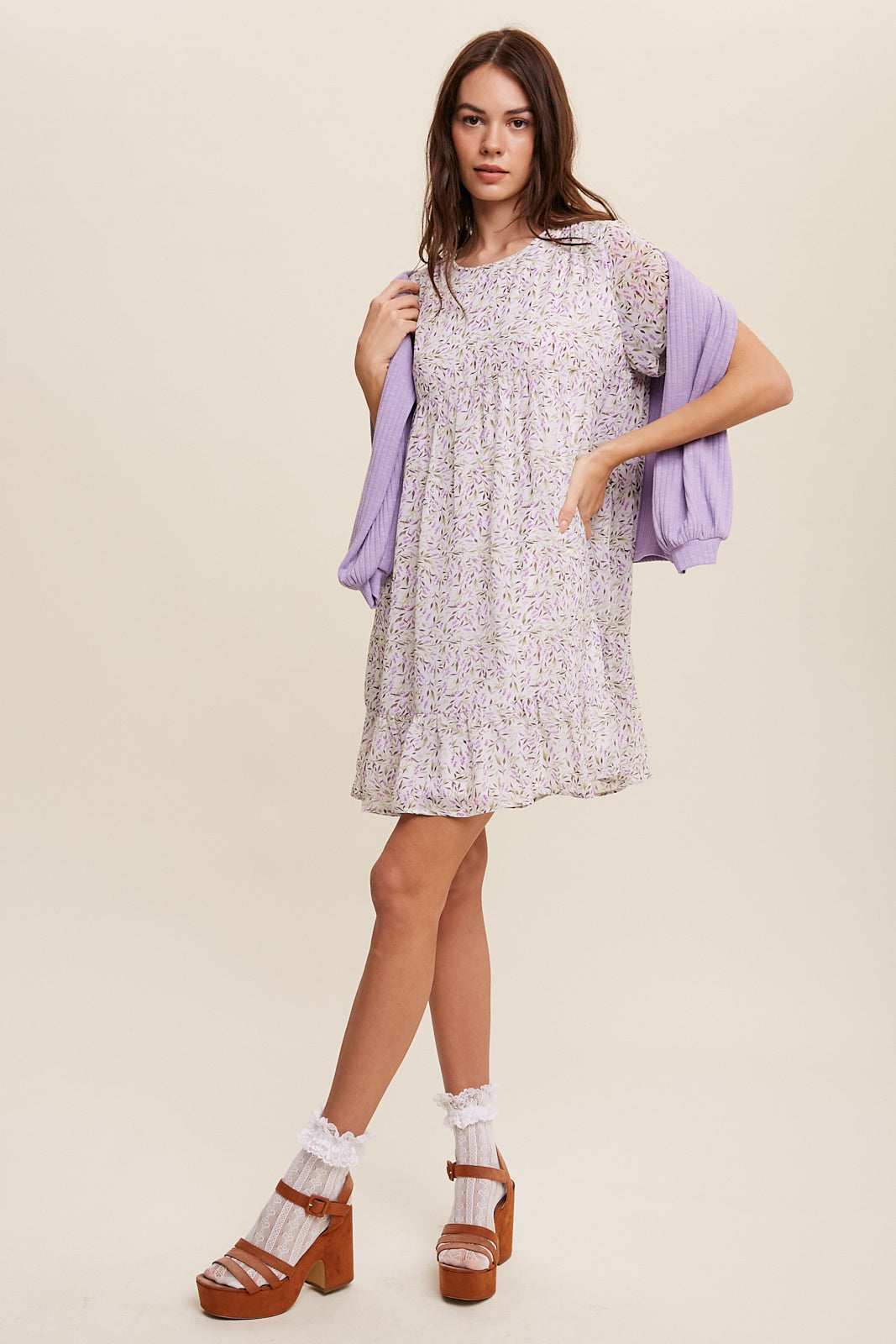 Flower Printed Chiffon Babydoll Mini Dress