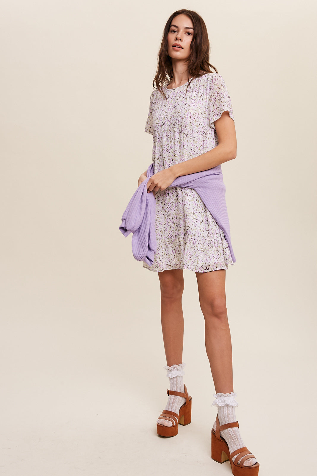 Flower Printed Chiffon Babydoll Mini Dress