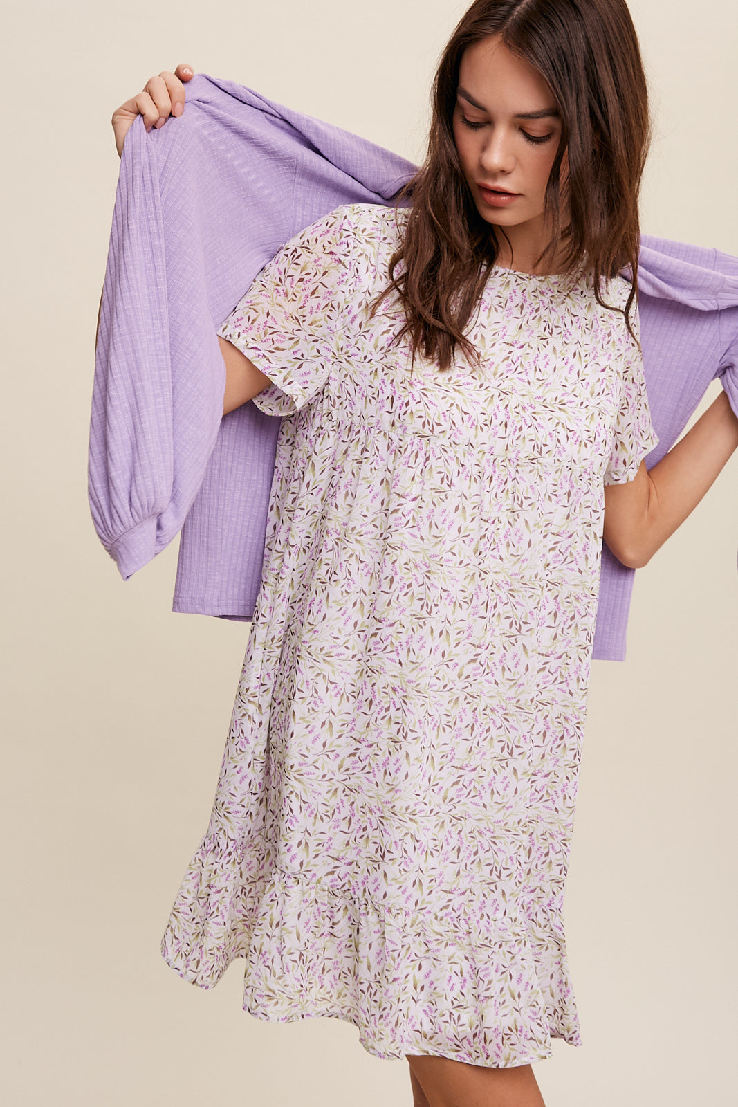 Flower Printed Chiffon Babydoll Mini Dress