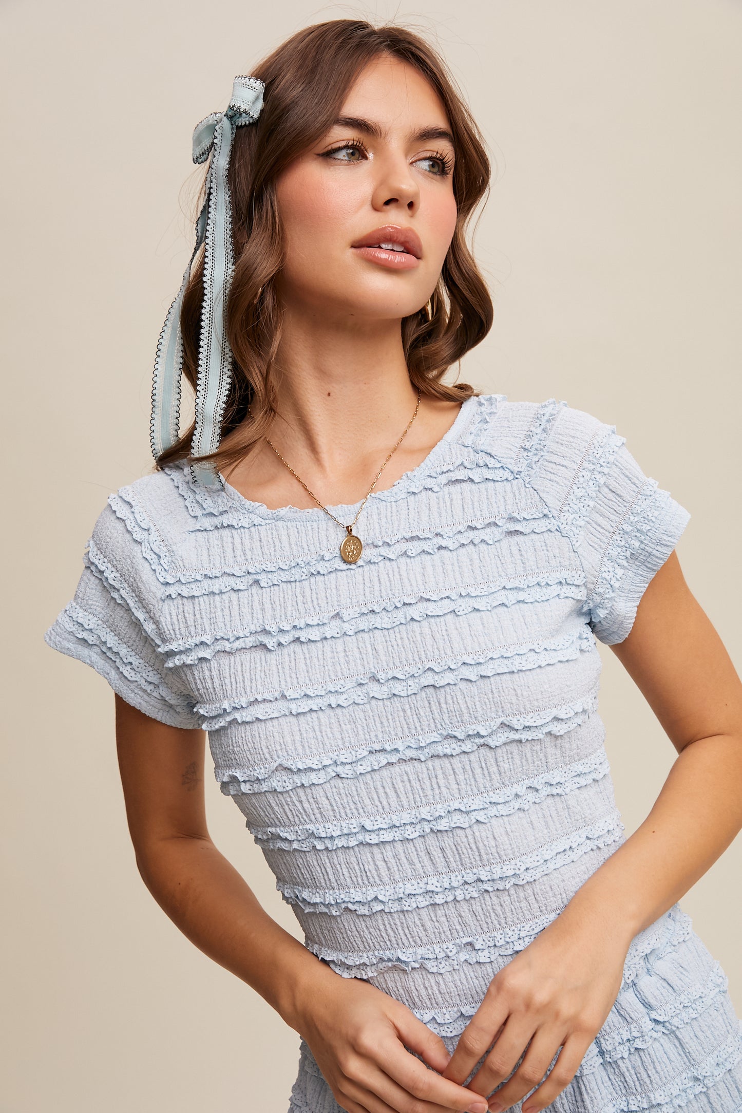 Textured Ruffle Top and Shorts Two-Piece Set