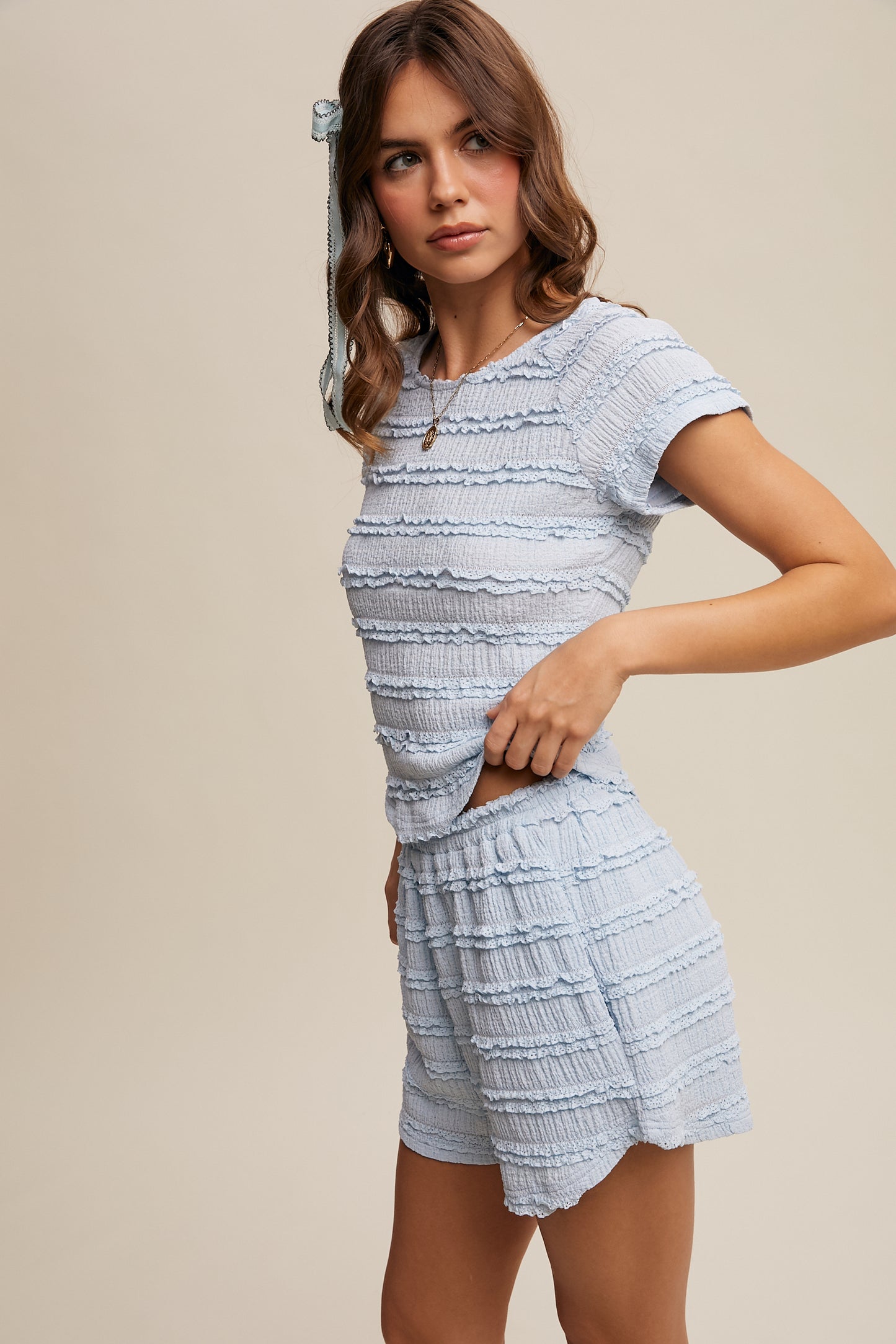 Textured Ruffle Top and Shorts Two-Piece Set