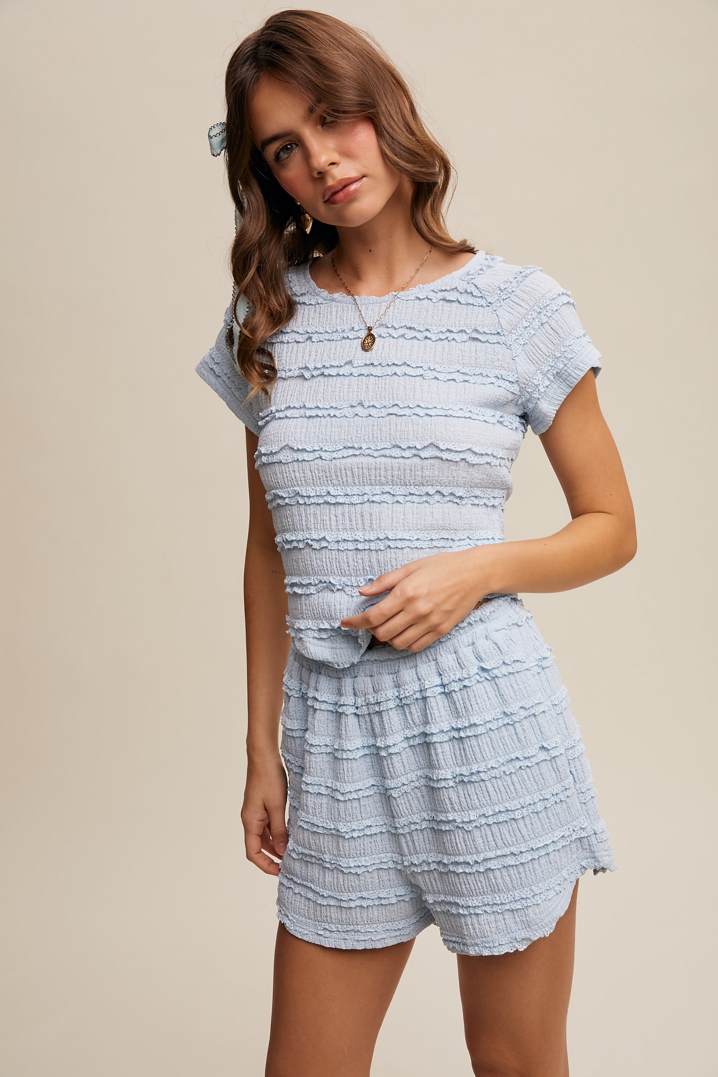 Textured Ruffle Top and Shorts Two-Piece Set