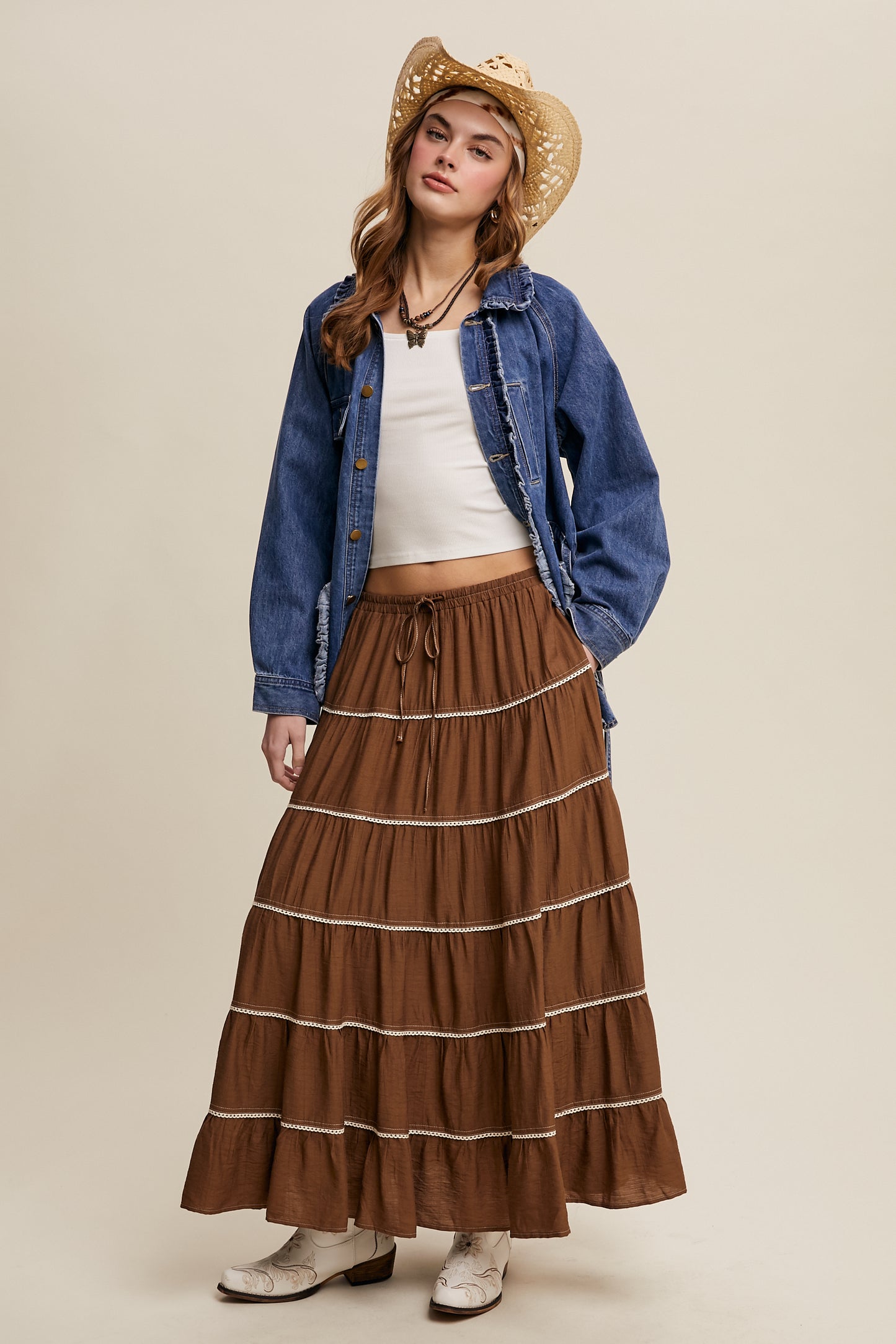 Crochet Trim Tiered Bohemian Maxi Skirt