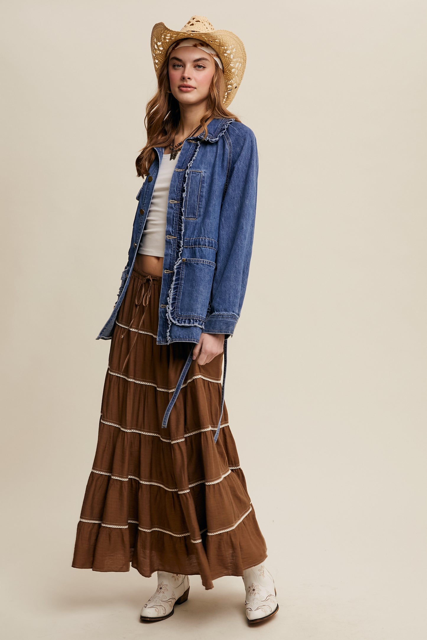 Crochet Trim Tiered Bohemian Maxi Skirt