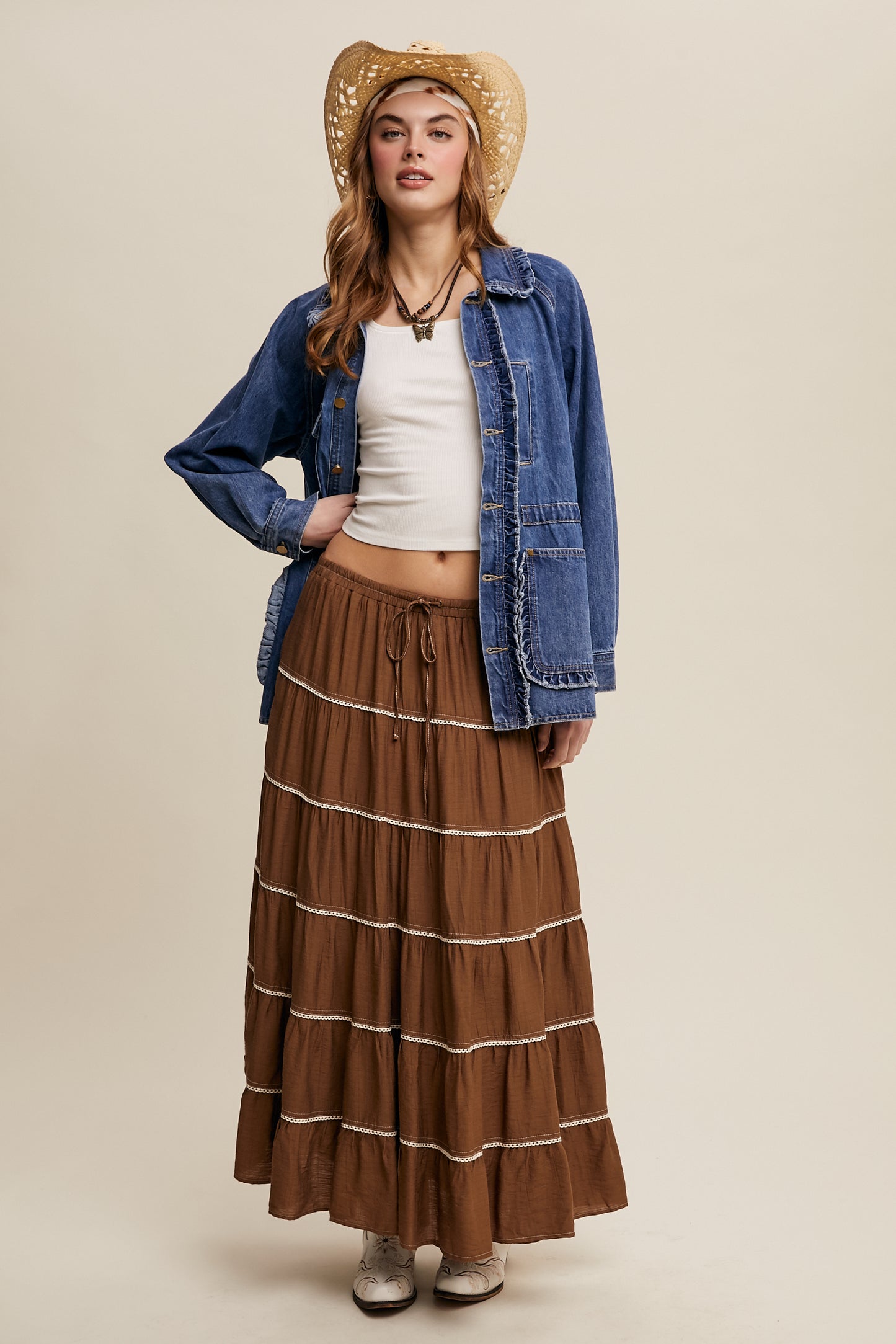 Crochet Trim Tiered Bohemian Maxi Skirt