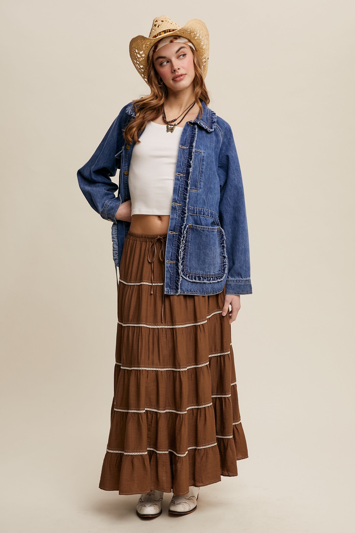 Crochet Trim Tiered Bohemian Maxi Skirt