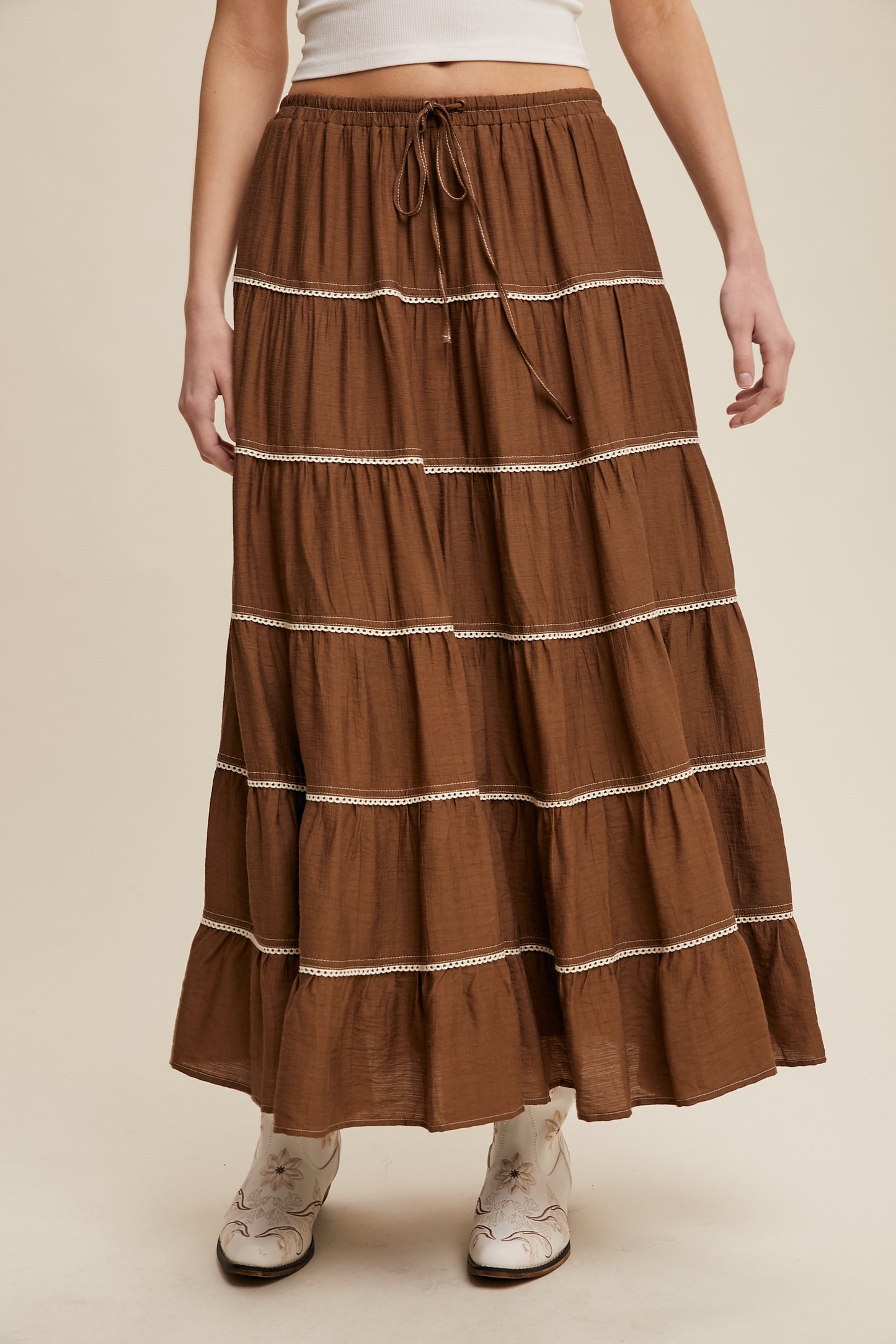 Crochet Trim Tiered Bohemian Maxi Skirt