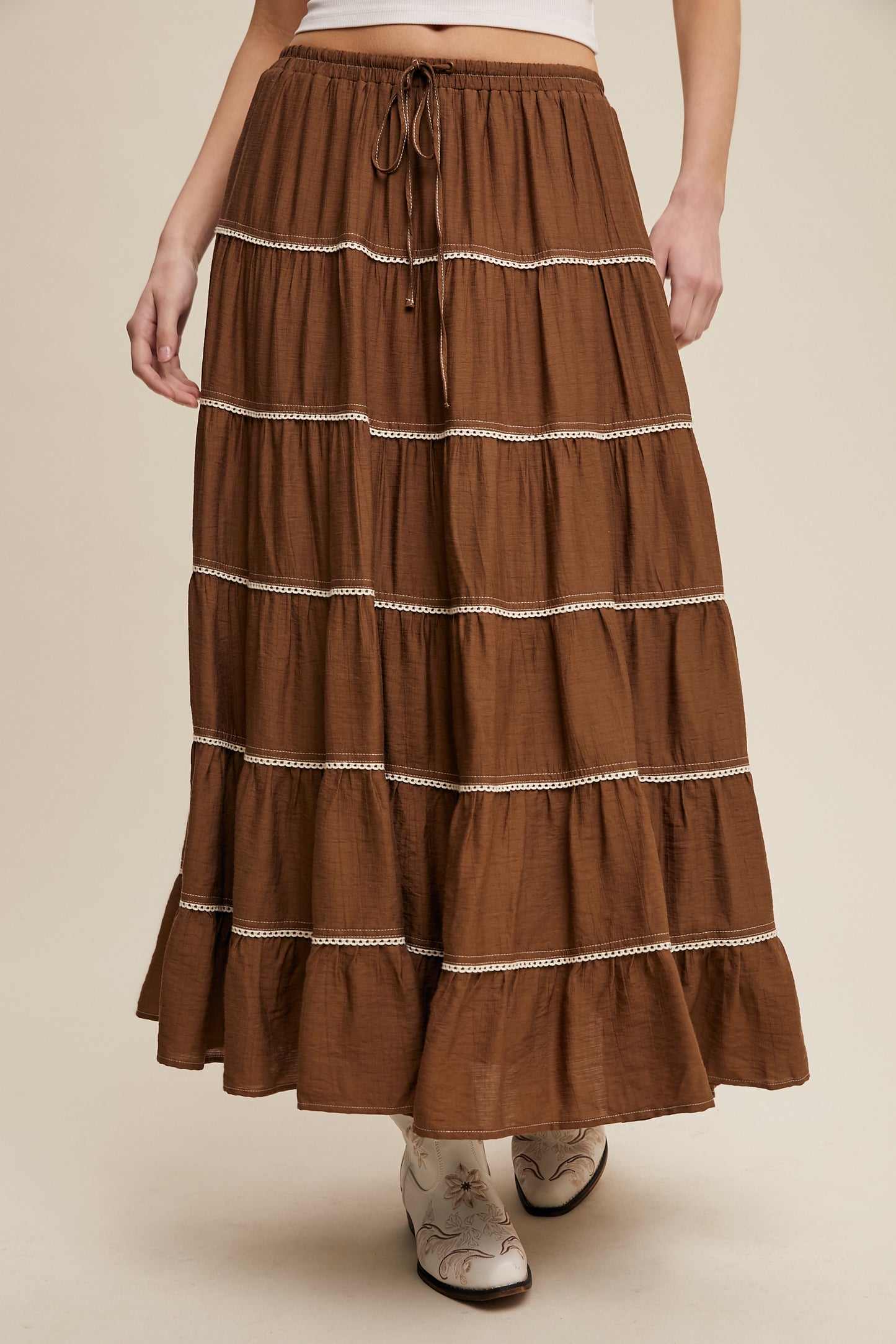 Crochet Trim Tiered Bohemian Maxi Skirt