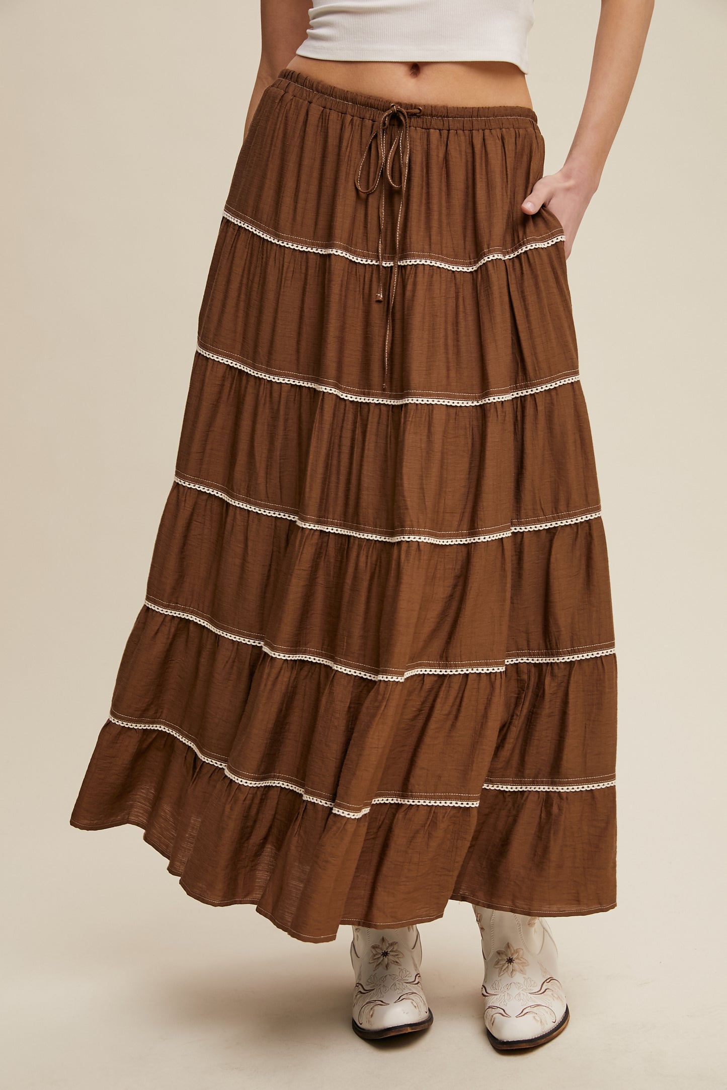 Crochet Trim Tiered Bohemian Maxi Skirt