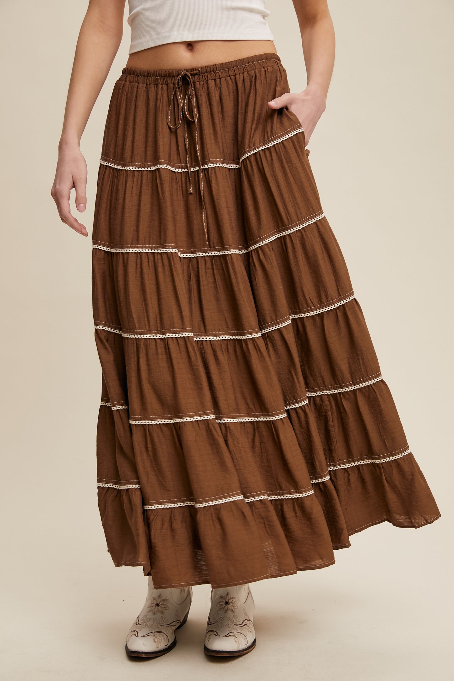Crochet Trim Tiered Bohemian Maxi Skirt