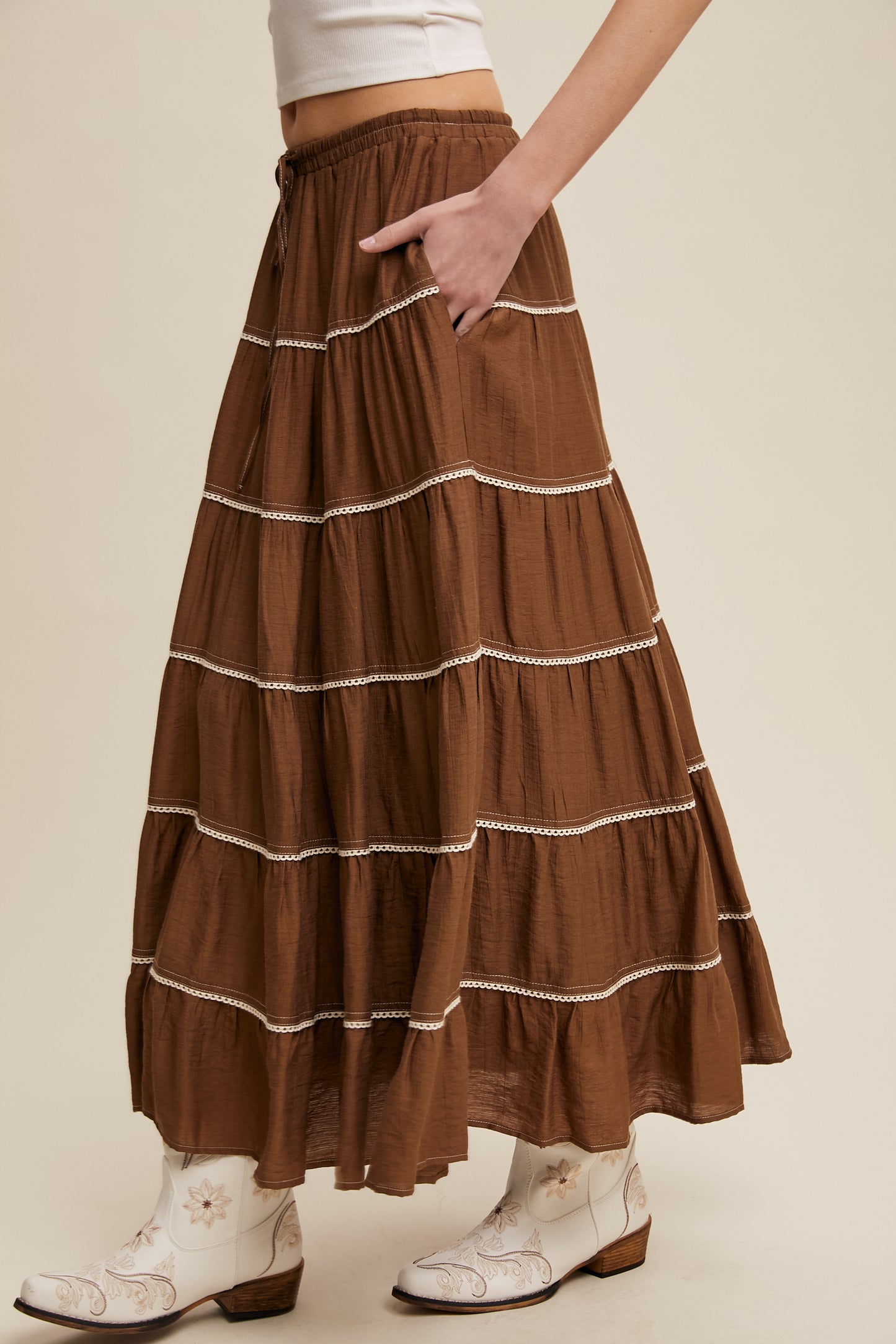 Crochet Trim Tiered Bohemian Maxi Skirt