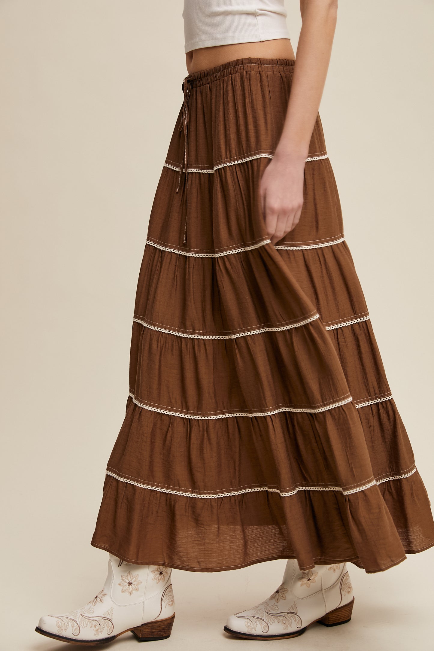Crochet Trim Tiered Bohemian Maxi Skirt