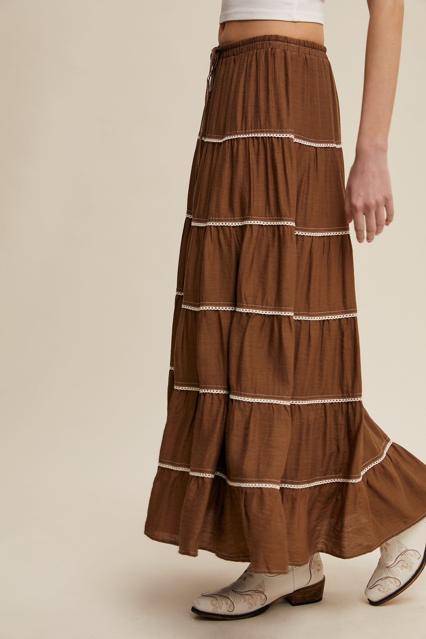 Crochet Trim Tiered Bohemian Maxi Skirt