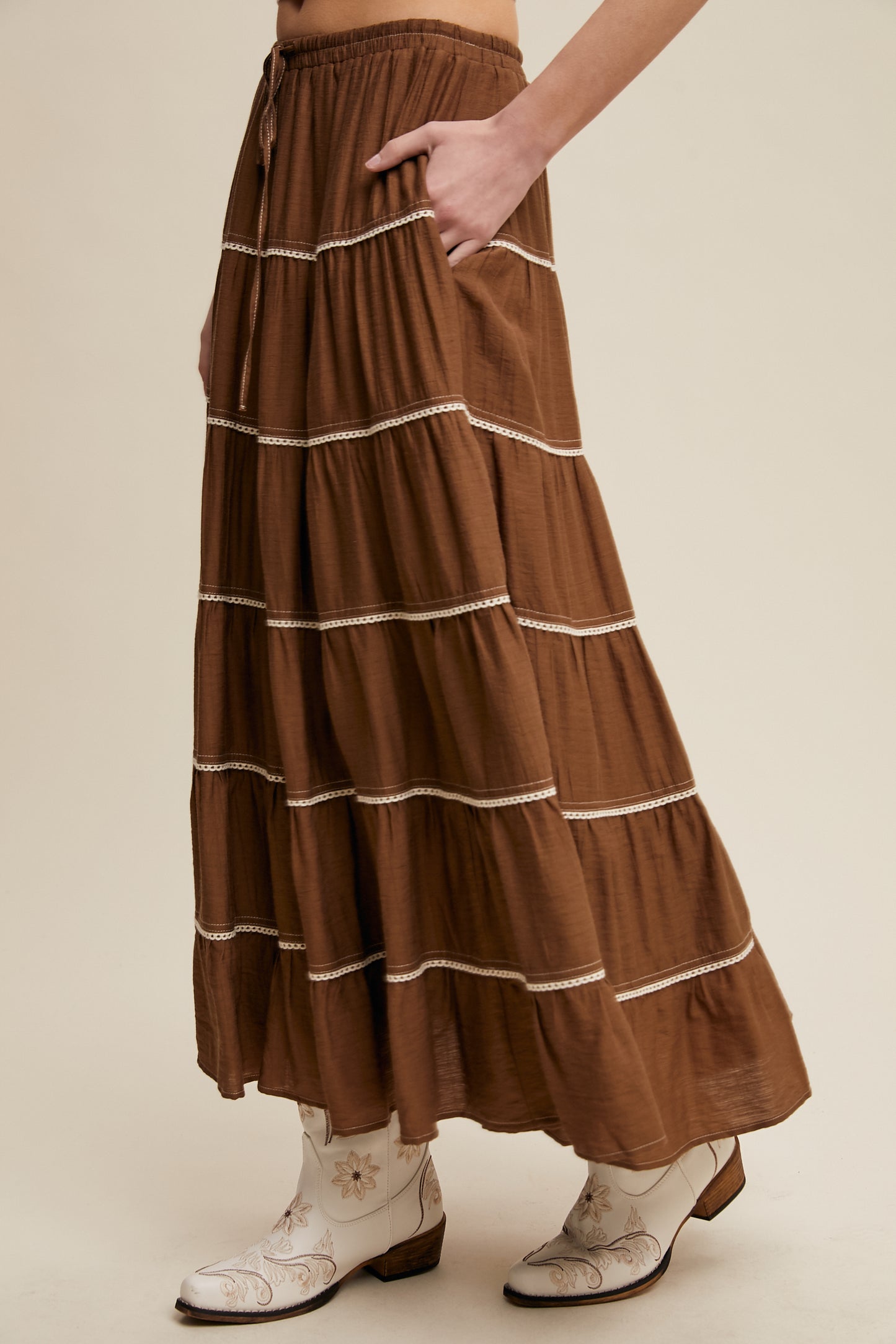 Crochet Trim Tiered Bohemian Maxi Skirt