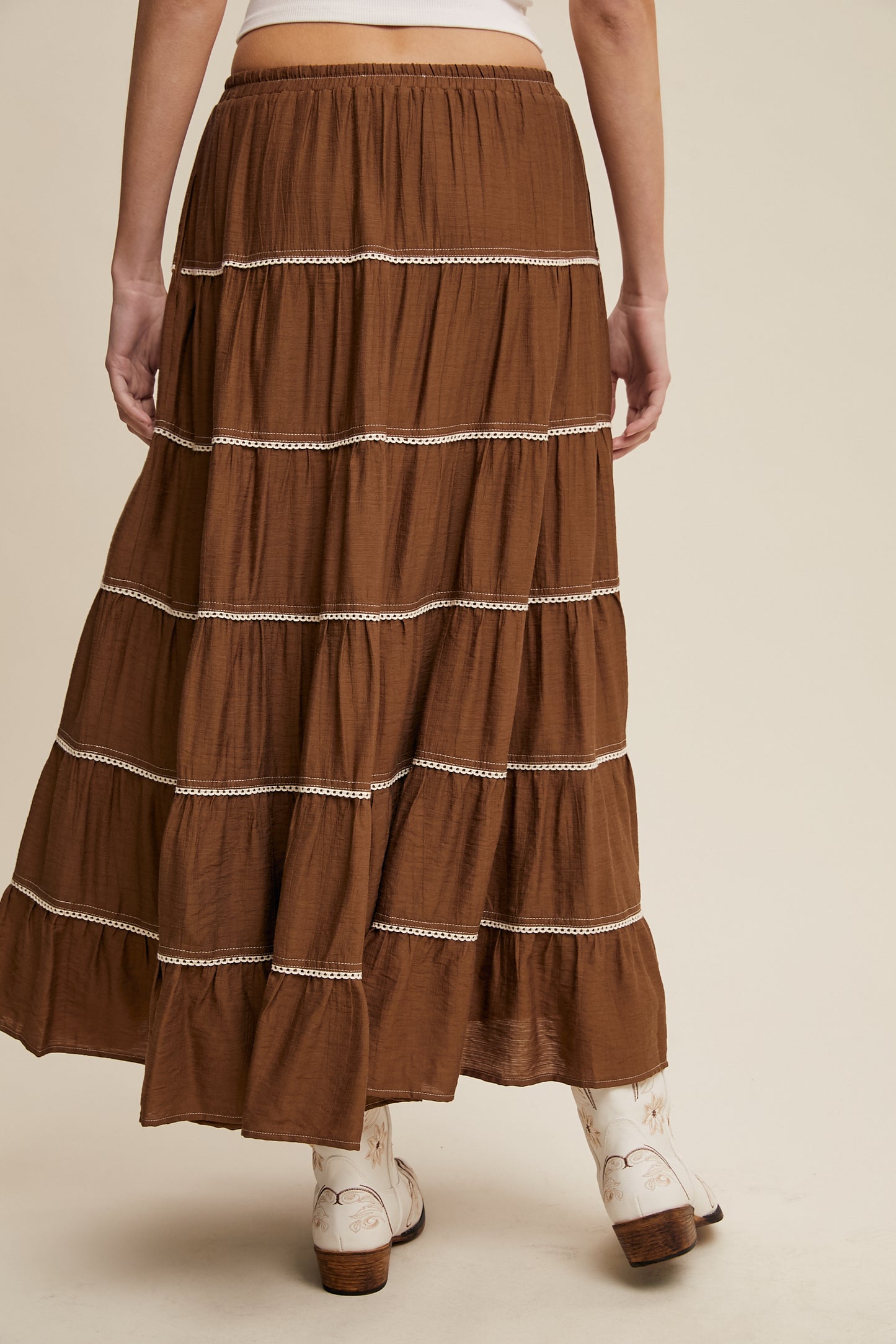 Crochet Trim Tiered Bohemian Maxi Skirt