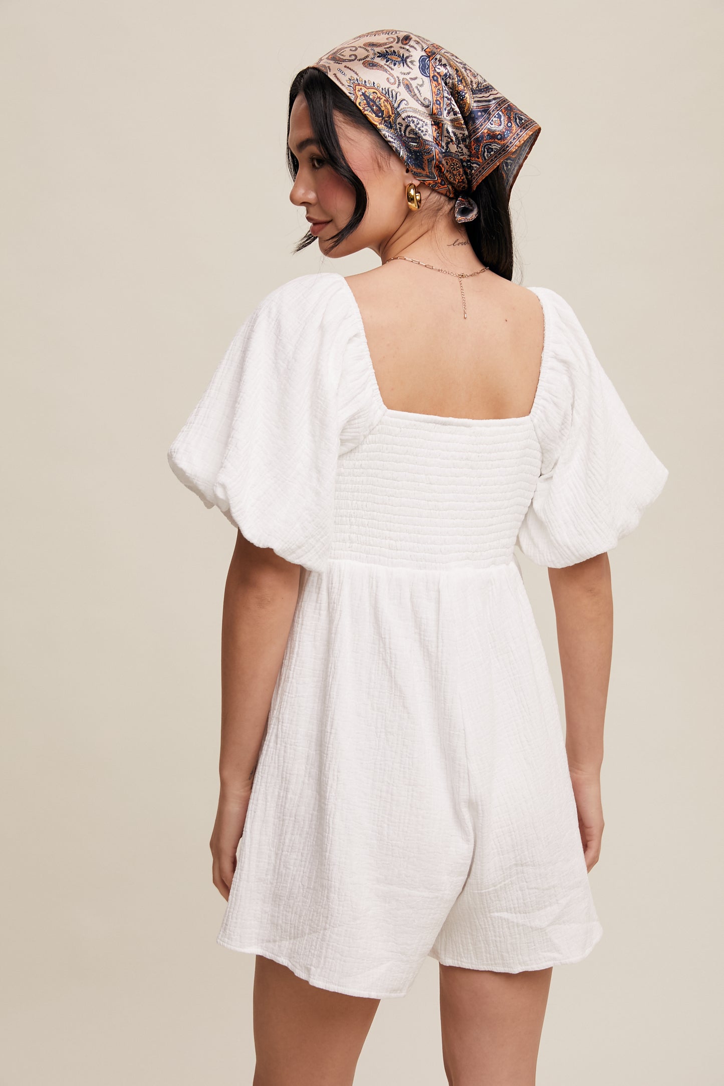 Textured Puff-Sleeve Romper