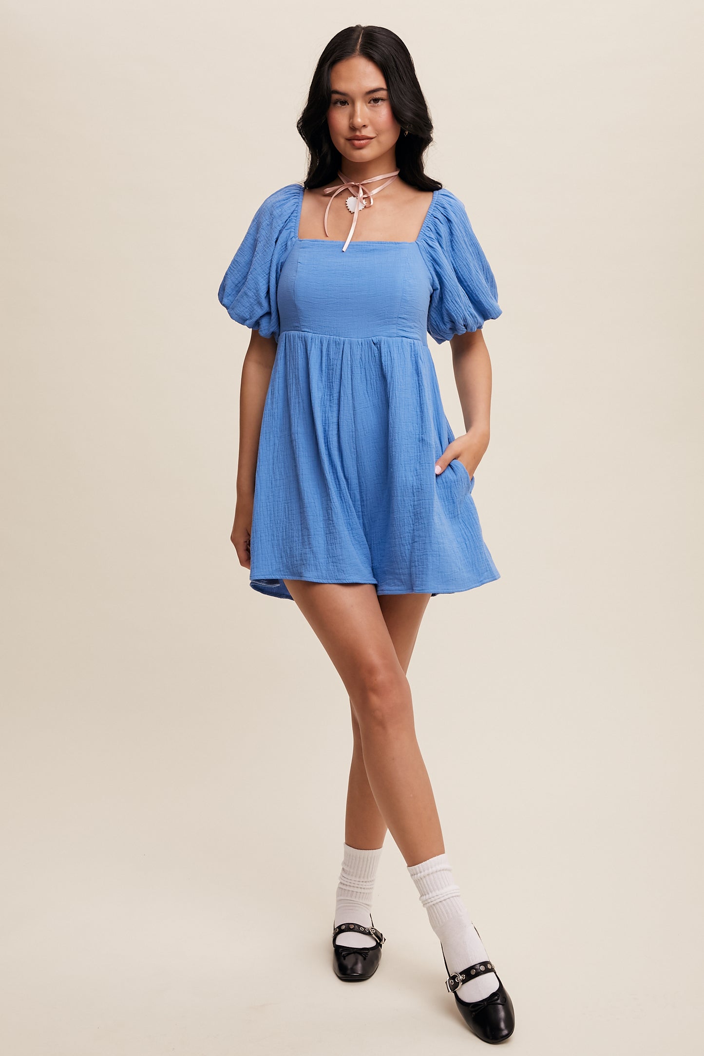 Textured Puff-Sleeve Romper