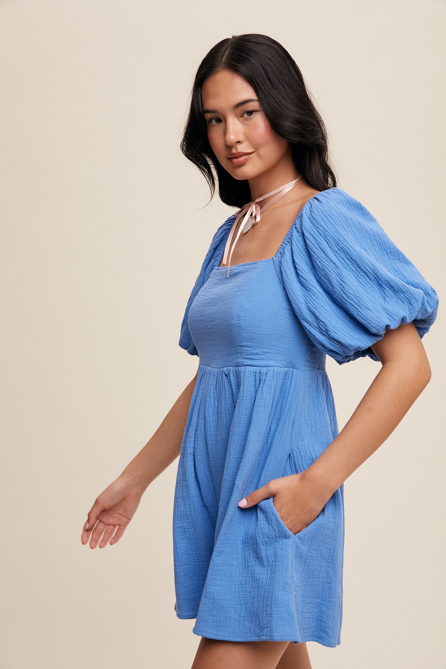 Textured Puff-Sleeve Romper