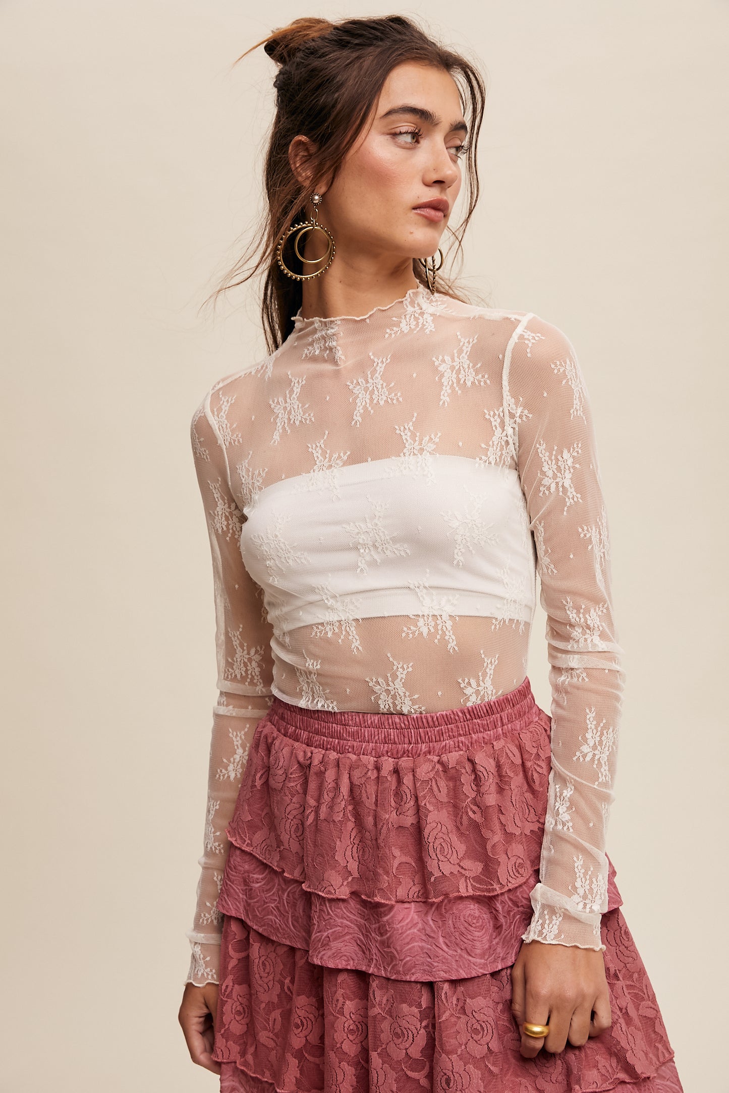 Sheer Lace Long-Sleeve Top
