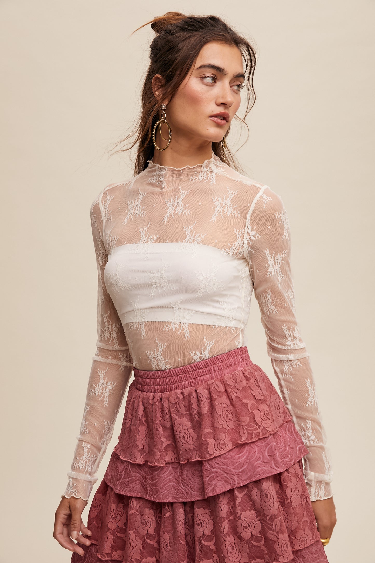 Sheer Lace Long-Sleeve Top