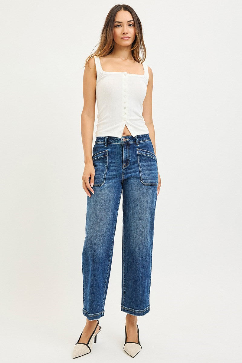 RISEN SLOUCHY CROPPED BAGGY JEANS WITH FRONT PATCH POCKET DETAIL