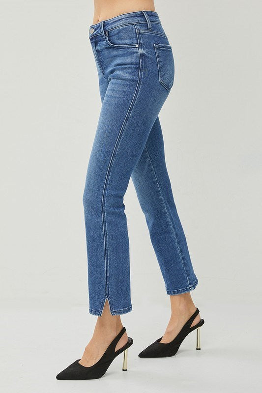 Risen Medium High Rise Raw Hem Slit Straight Jeans