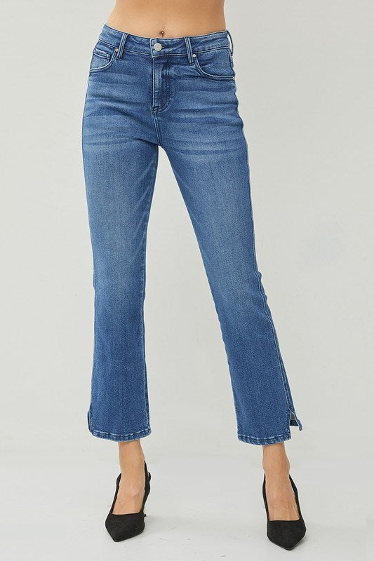 Risen Medium High Rise Raw Hem Slit Straight Jeans