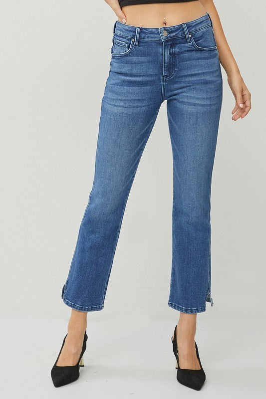 Risen Medium High Rise Raw Hem Slit Straight Jeans